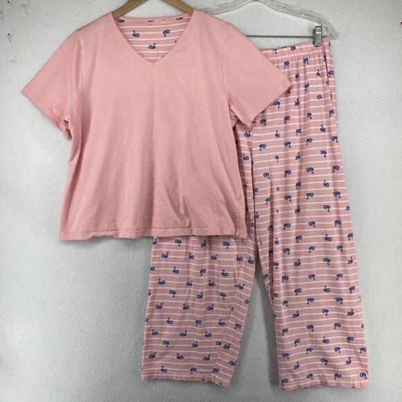 BONMARCHE Pajama Set 16 18 Swan Cotton Short Sleeve Top Lounge Crop Pants Pink - Picture 1 of 16